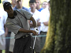 Tiger Woods joutui neljännen kierroksen loppuvaiheillla turhan vaativiin paikkaihin, Harrington karkasi &copy Getty Images