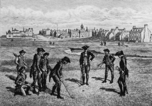 Joukko miehiä pelaamassa golfia Old Coursella 1700-luvun lopulla. Kuva: Hulton Archive